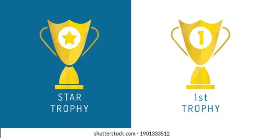 Trophy logo design for the Star and First Cup. First place, contest winner, number one creative symbol concept. Award, champion abstract business logo idea. Gold star trophy icon. Corporate logo.