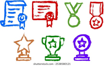 Trophy Medal Diploma Grunge Brush Stroke Drawing Icon Vector Set