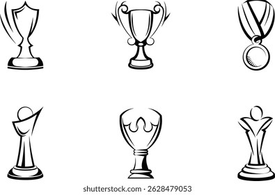 Trofeo e íconos de medalla Ilustración vectorial de colección diseño minimalista en blanco y negro
