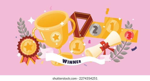 Trophy, Medal, Rewards, Badge, Podium, Winner, Success And Championship, Vector, Illustration