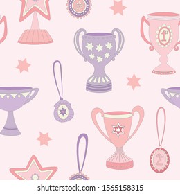 Trophy and medal vector seamless repeat pattern background in pink and purple.