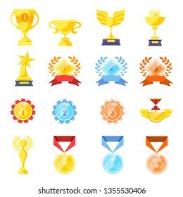 Trophy medals and cups set isolated on white background. Cartoon trophy elements for games, web, icons, packages etc. Vector illustration