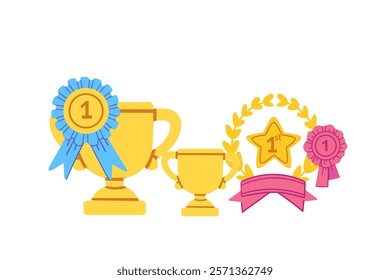 Trophy and medals with ribbons and laurels in a bold design. Great for awards, events, or sports branding. Vector illustration