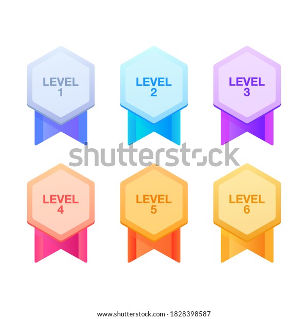 Trophy medals set\
design for games. Level results vector illustration. Level medals\
set design for the\
game.