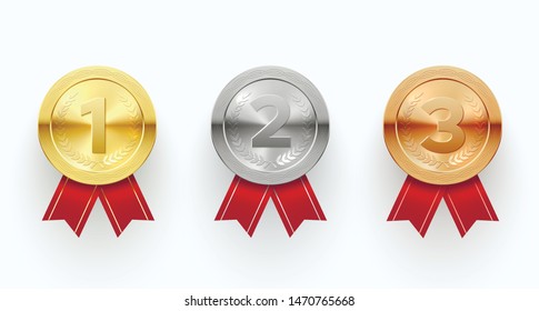 Trophy medals set, reward sign and ceremony. Prize for competition. Vector realistic gold, bronze and silver medals illustration on white background