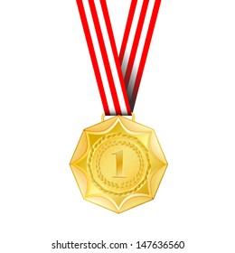 trophy metal first gold medal isolated award ribbon achievement vector illustration