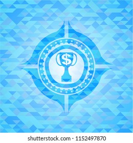 trophy with money symbol inside icon inside light blue emblem. Mosaic background