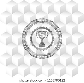 trophy with money symbol inside icon inside grey emblem with geometric cube white background