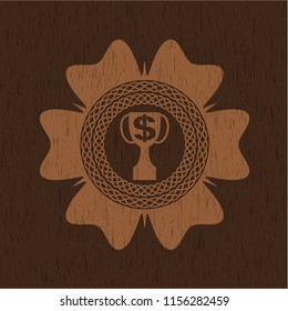 trophy with money symbol inside icon inside wooden emblem. Retro