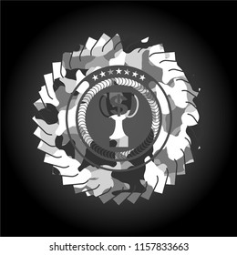 trophy with money symbol inside icon inside grey camouflage emblem