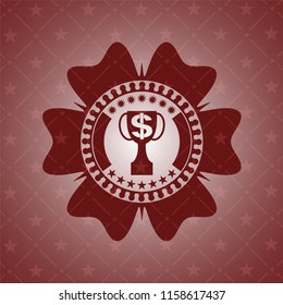 trophy with money symbol inside icon inside red emblem. Vintage.