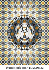 trophy with money symbol inside icon inside arabic emblem background. Arabesque decoration.