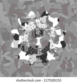 trophy with money symbol inside icon inside grey camouflaged emblem