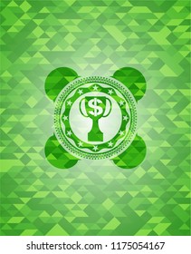 trophy with money symbol inside icon inside realistic green emblem. Mosaic background