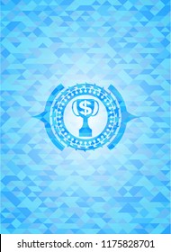 trophy with money symbol inside icon inside realistic light blue emblem. Mosaic background
