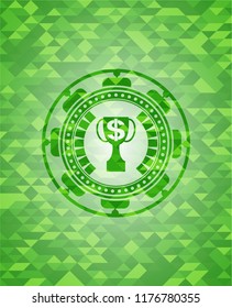 trophy with money symbol inside icon inside green emblem with mosaic background