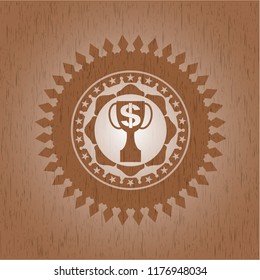 trophy with money symbol inside icon inside realistic wood emblem