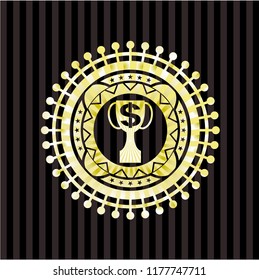 trophy with money symbol inside icon inside golden emblem or badge
