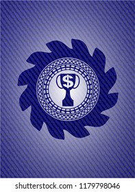 trophy with money symbol inside icon inside jean or denim emblem or badge background