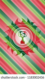 trophy with money symbol inside icon inside christmas style emblem.