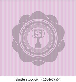 trophy with money symbol inside icon inside badge with pink background