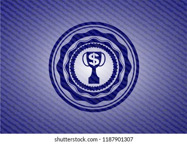 trophy with money symbol inside icon inside badge with denim background