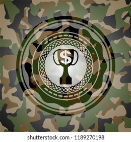 trophy with money symbol inside icon on camouflage pattern