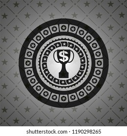 trophy with money symbol inside icon inside black emblem. Vintage.