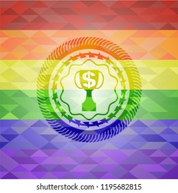 trophy with money symbol inside icon on mosaic background with the colors of the LGBT flag
