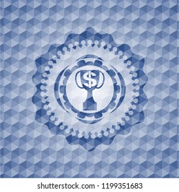 trophy with money symbol inside icon inside blue emblem with geometric background.