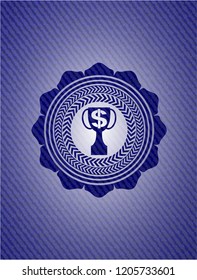 trophy with money symbol inside icon inside badge with jean texture