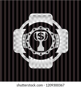 trophy with money symbol inside icon inside silver badge