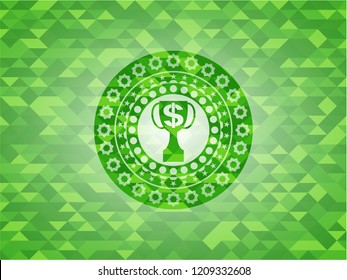 trophy with money symbol inside icon inside green emblem with mosaic ecological style background