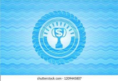 trophy with money symbol inside icon inside sky blue water wave emblem background.