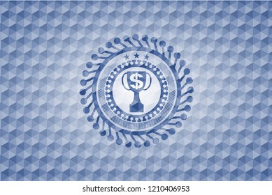 trophy with money symbol inside icon inside blue emblem with geometric pattern.