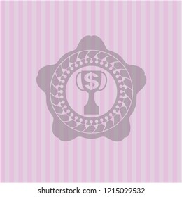 trophy with money symbol inside icon inside badge with pink background