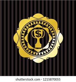 trophy with money symbol inside icon inside gold badge
