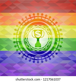 trophy with money symbol inside icon on mosaic background with the colors of the LGBT flag