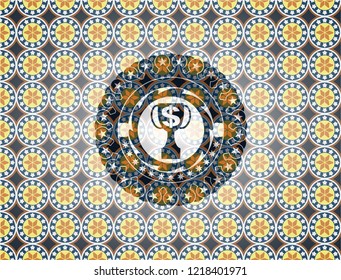 trophy with money symbol inside icon inside arabesque emblem. arabic decoration.