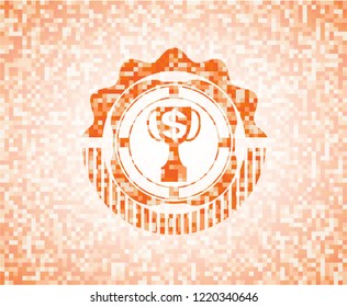 trophy with money symbol inside icon inside abstract orange mosaic emblem