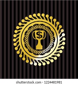trophy with money symbol inside icon inside gold emblem