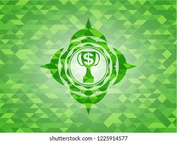 trophy with money symbol inside icon inside realistic green mosaic emblem