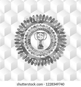 trophy with money symbol inside icon inside grey badge with geometric cube white background