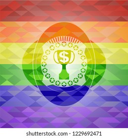 trophy with money symbol inside icon inside emblem on mosaic background with the colors of the LGBT flag
