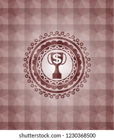 trophy with money symbol inside icon inside red emblem with geometric pattern background. Seamless.