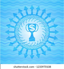 trophy with money symbol inside icon inside sky blue water emblem.