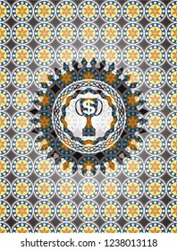 trophy with money symbol inside icon inside arabic badge. Arabesque decoration.