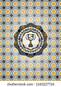 trophy with money symbol inside icon inside arabesque style emblem. arabic decoration.