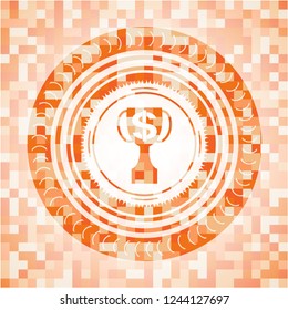 trophy with money symbol inside icon inside abstract emblem, orange mosaic background