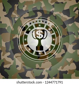 trophy with money symbol inside icon on camouflaged pattern